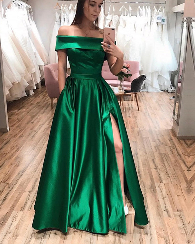 Off the Shoulder Hunter Green Prom Dress ,Long Evening Party Formal Go