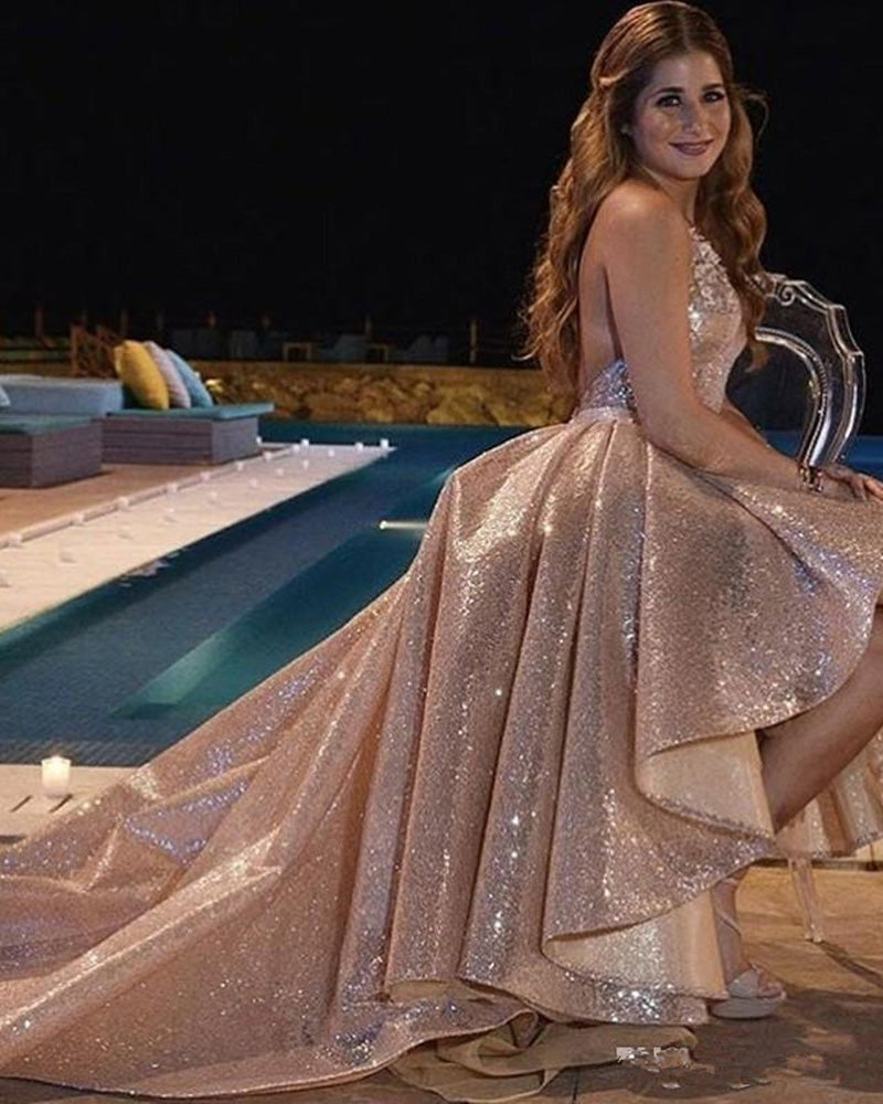 High Low Rose Gold Sequined Prom Dresses Glitter Halter Women Evening Gowns Sexy Backless Short Cocktail Dresses Wear