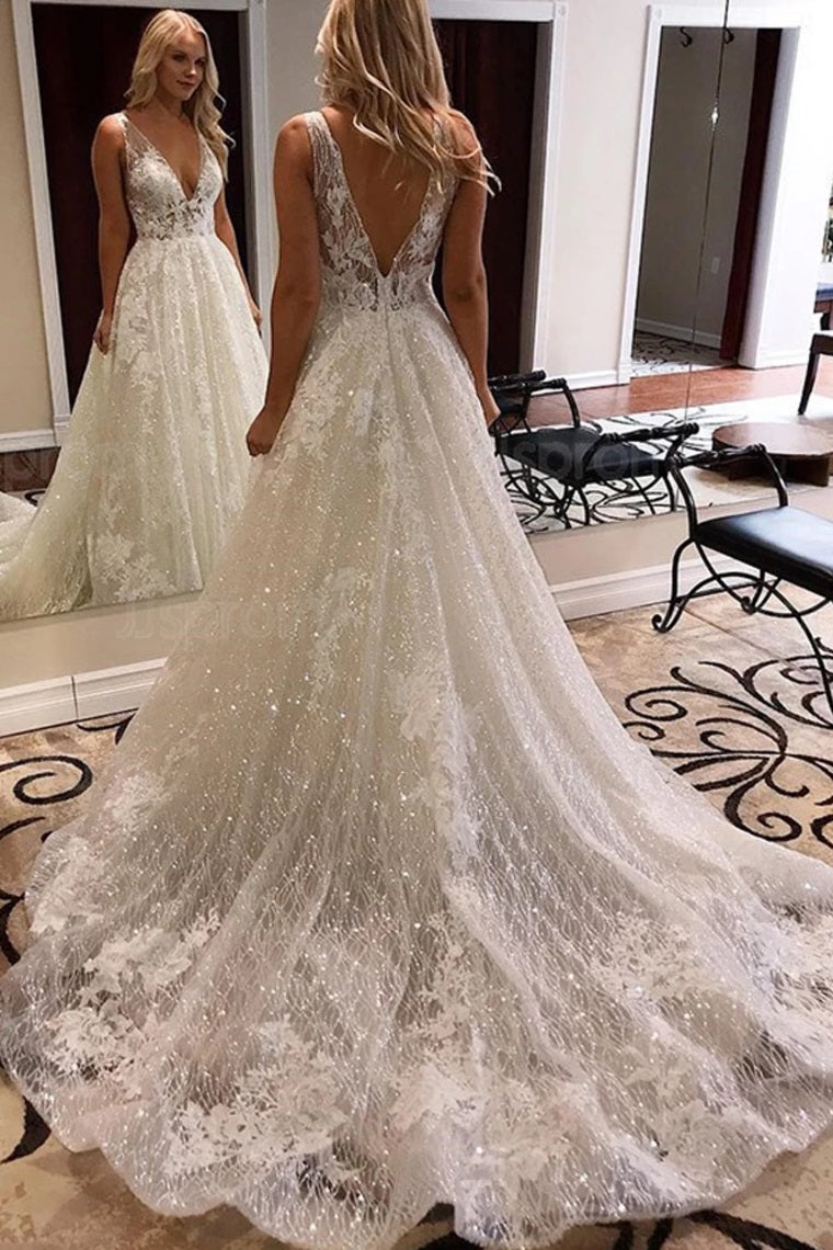 Luxurious V Neck Ivory Lace Sequin Bridal Gowns Popular Shiny Tulle Be – Siaoryne