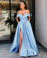 Off the Shoulder A Line satin Pocketed Light Blue Evening Gown PL10810