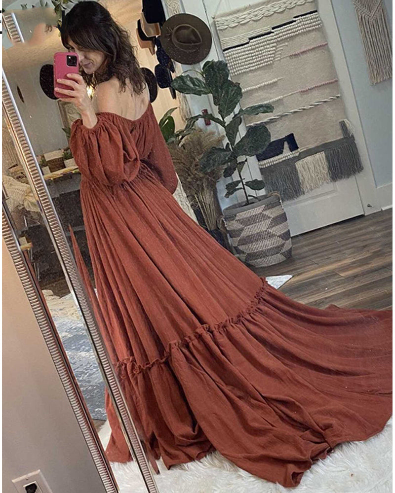 Linen Off Shoulder Full Sleeves Maternity Dresses Round Neck Photography Dresses Baby Shower Dress for Pregnant Woman 2022