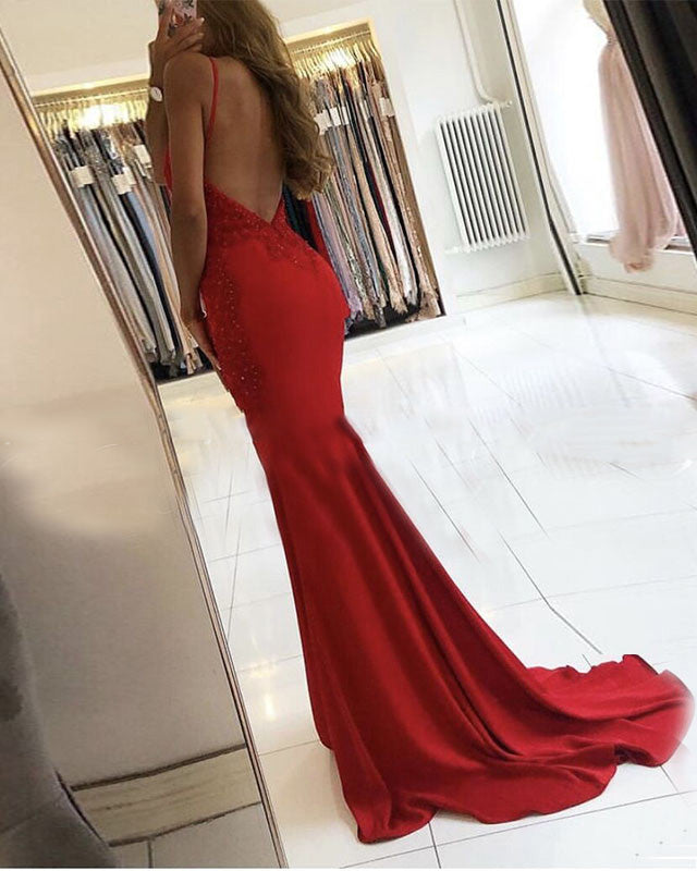 Sexy V Neck New Formal Outfits 2020 Red Lace Satin Prom Evening Party Dress Long PL0513