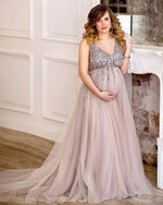 Sexy Gray/Champagne Beading  V Neck Pregnant Women Formal Dress Long Materity Evening Gown PL11122