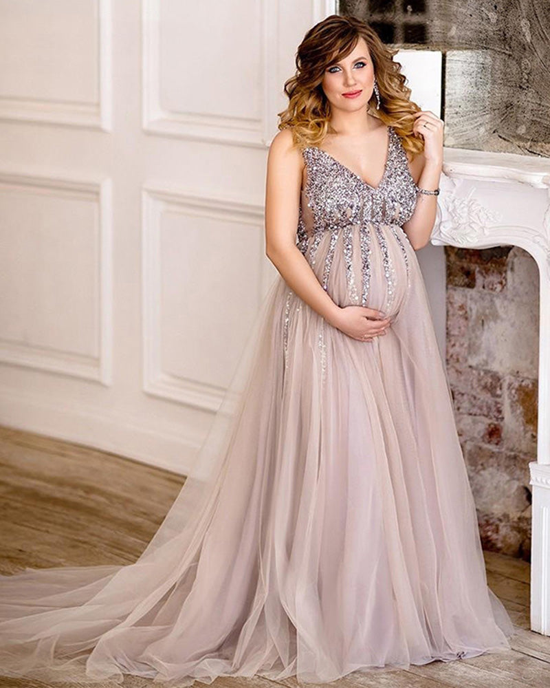 Sexy Gray/Champagne Beading  V Neck Pregnant Women Formal Dress Long Materity Evening Gown PL11122