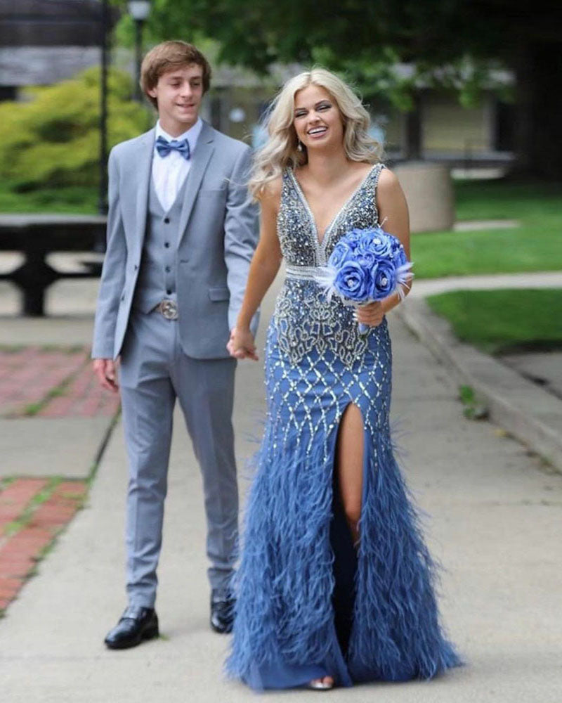 Blue Beading Luxury V Neck Feather Mermaid Formal Women Party Gown Pageant Evening Dress PL104132