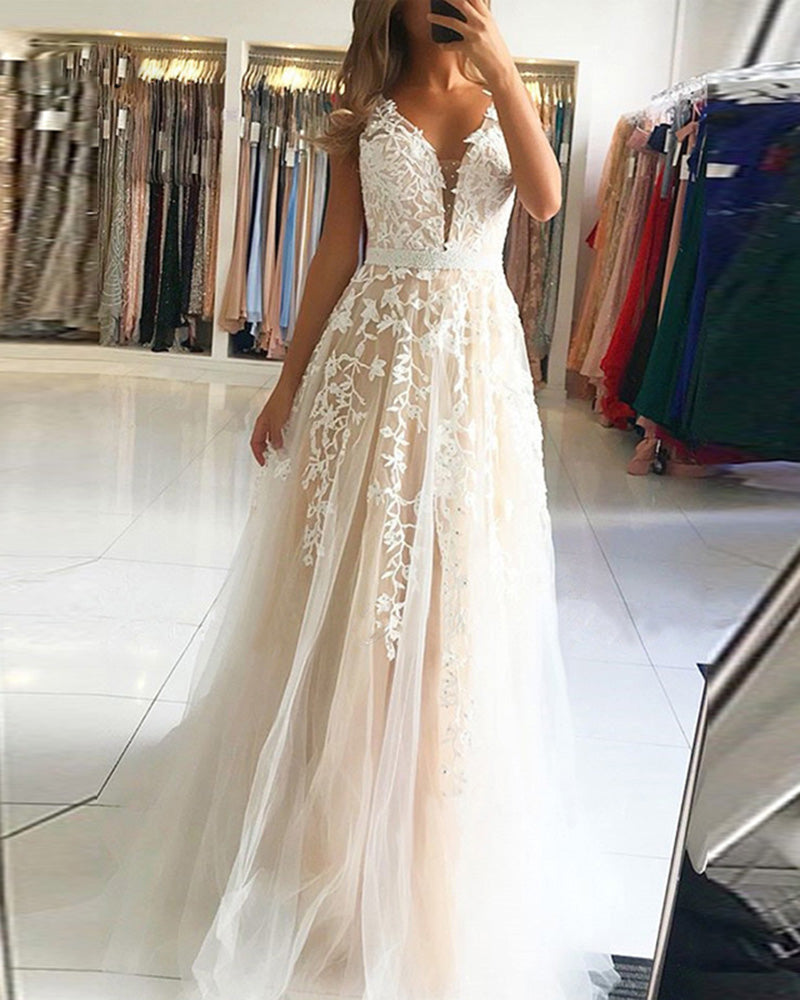 Beautiful A Line Tule Sexy V neck Champagne/Ivory Lace Long Prom Dress with Beading Belt PL0614