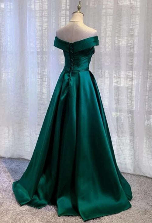 Elegant Cheap On Sale Off Shoulder A Line Satin Formal Green Prom Dress 2022  PL0517