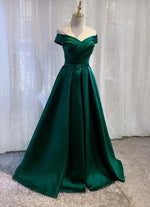 Elegant Cheap On Sale Off Shoulder A Line Satin Formal Green Prom Dress 2022  PL0517