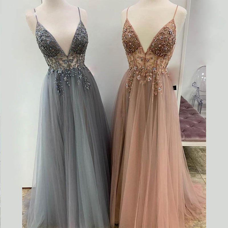 2020 Spaghetti Pink Beading Long Prom Party Dresses Fast Shipping PL0311