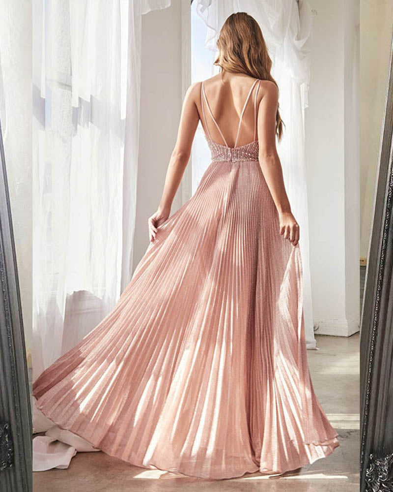 PL05232 Pink Evening Dress 2020 Long Sexy V Neck Pleated Formal Prom Party Gown wit Beading/Sequins