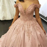 Princess Off the Shoulder Satin and Lace Pink Ball gown Wedding Dress Bride Gown Novias WD11121