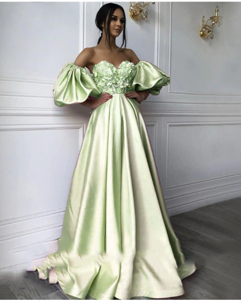Mint Green /Pink Puffy Sleeves Satin Flowers Sweetheart A Line Long Prom Dresses for Girls PL10514