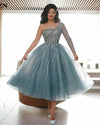 One Sleeves Beading Sequins Puffy A Line Blue Prom Dress Knee Length Short Evening Gown 2022 SP10726