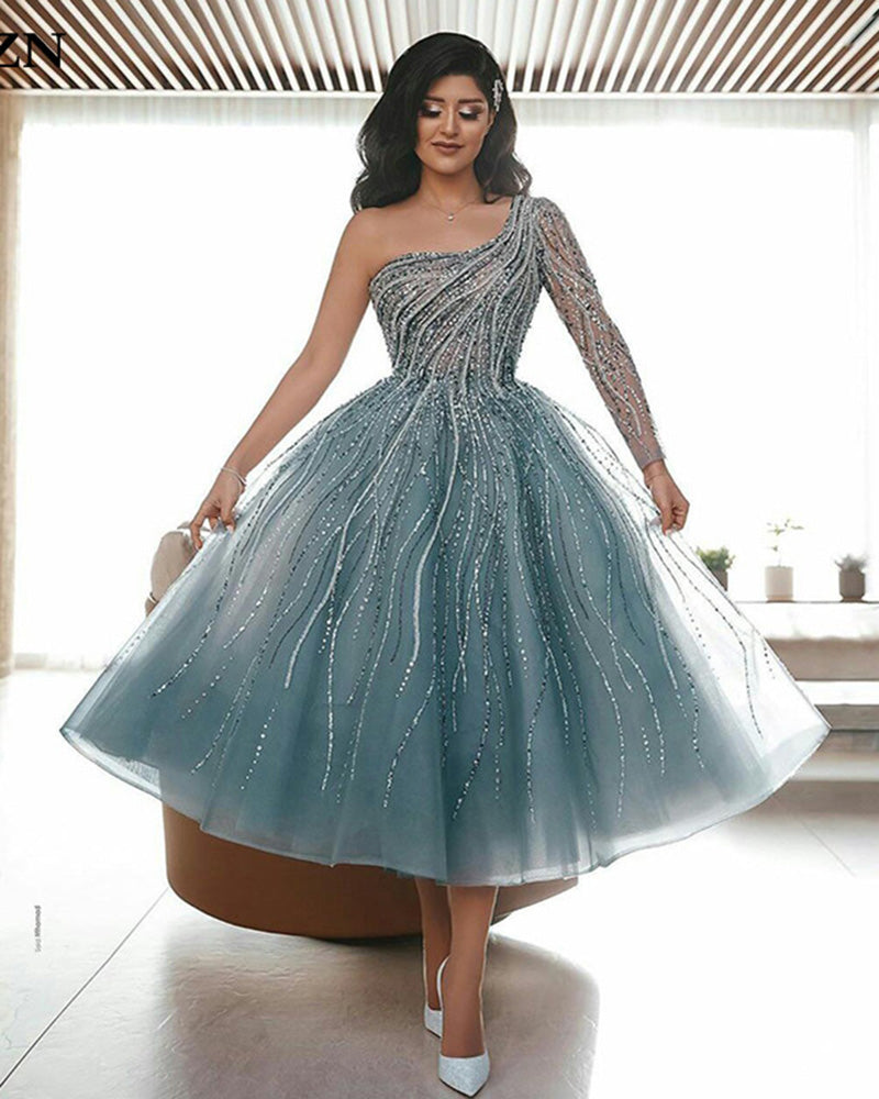 One Sleeves Beading Sequins Puffy A Line Blue Prom Dress Knee Length Short Evening Gown 2022 SP10726