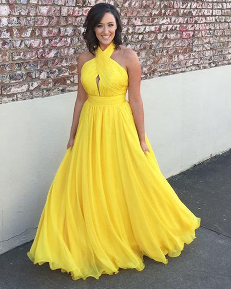 Stunning Women Halter Long Chiffon  Bright Yellow Formal Party Gowns Long PL10102
