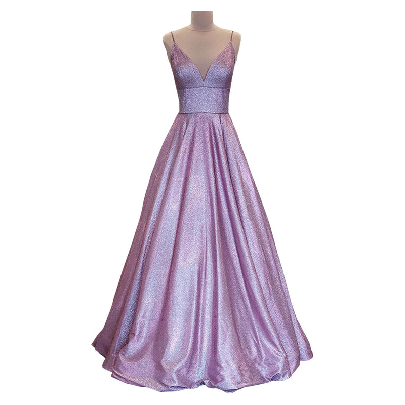 Glitter Purple Prom Dresses Long 2023 With Pockets Spaghetti Strap Formal Gown Lace Up Back