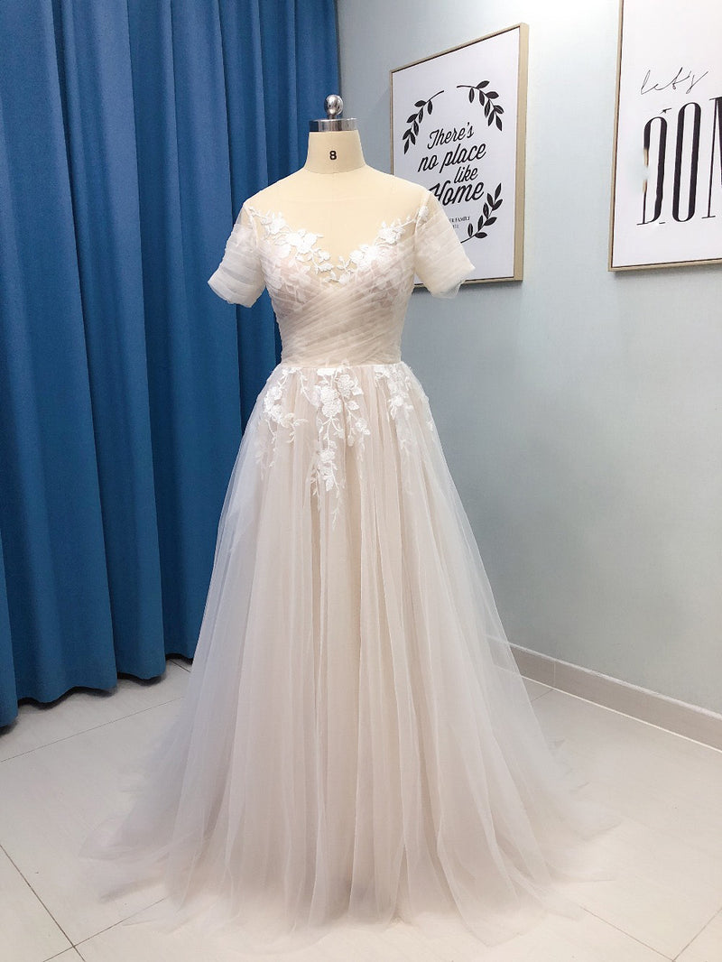 WD0518 Vintage Simple Elegant Lace Floral Boho Wedding Gown with Short Sleeve Pockets A-line Summer Beach Bridal Dresses