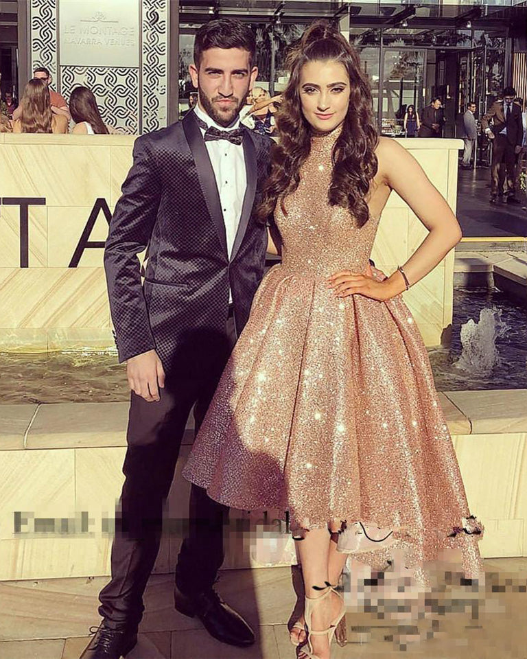 Champagne Sequins high Low 2022 Prom Gown Girls Party Dress High Neck  Cocktail Dress