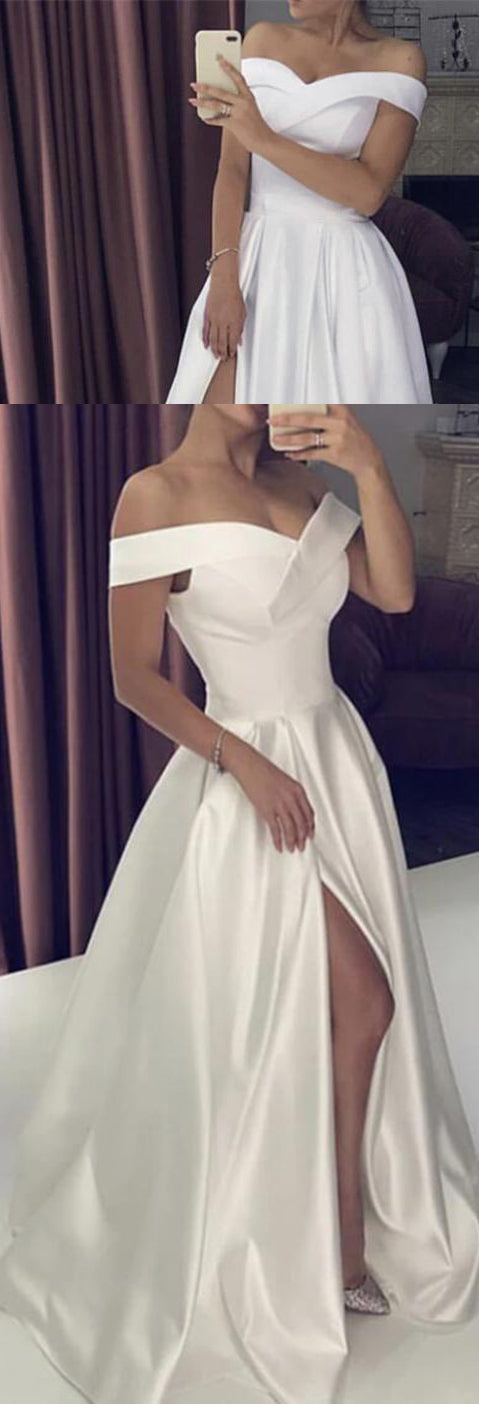 Elegant Off the Shoulder Ivory/White Formal Wedding Gown A Line Satin Split Party Dress PL0909