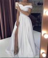 Elegant Off the Shoulder Ivory/White Formal Wedding Gown A Line Satin Split Party Dress PL0909