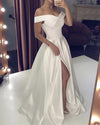 Elegant Off the Shoulder Ivory/White Formal Wedding Gown A Line Satin Split Party Dress PL0909