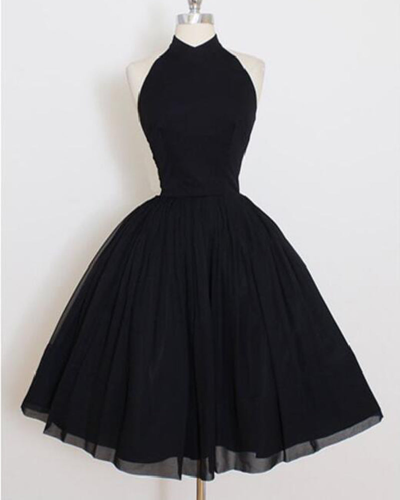 Vestidos de fiesta de graduación cortos negros con cuello halter y escote alto, vestidos de fiesta de graduación cortos hasta la rodilla con corte en A y espalda descubierta para adolescentes 