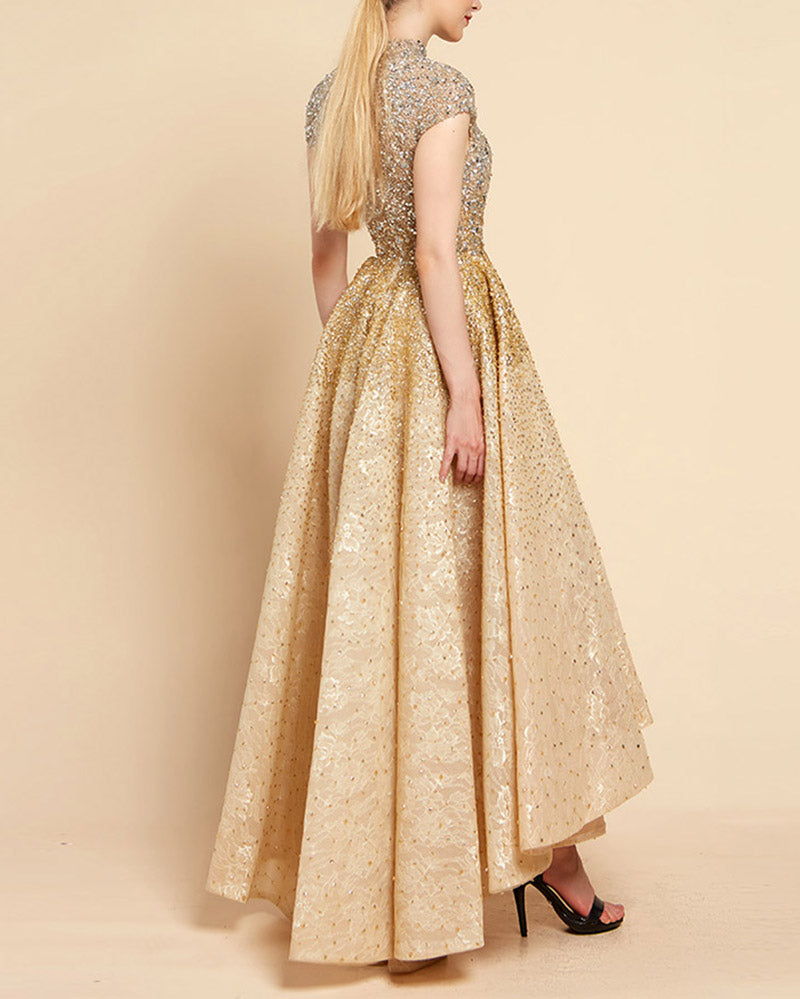 Top Fully Beading High Neck Hi-Lo Evening Dresses ,Women Formal Gowns Gold Color PL302