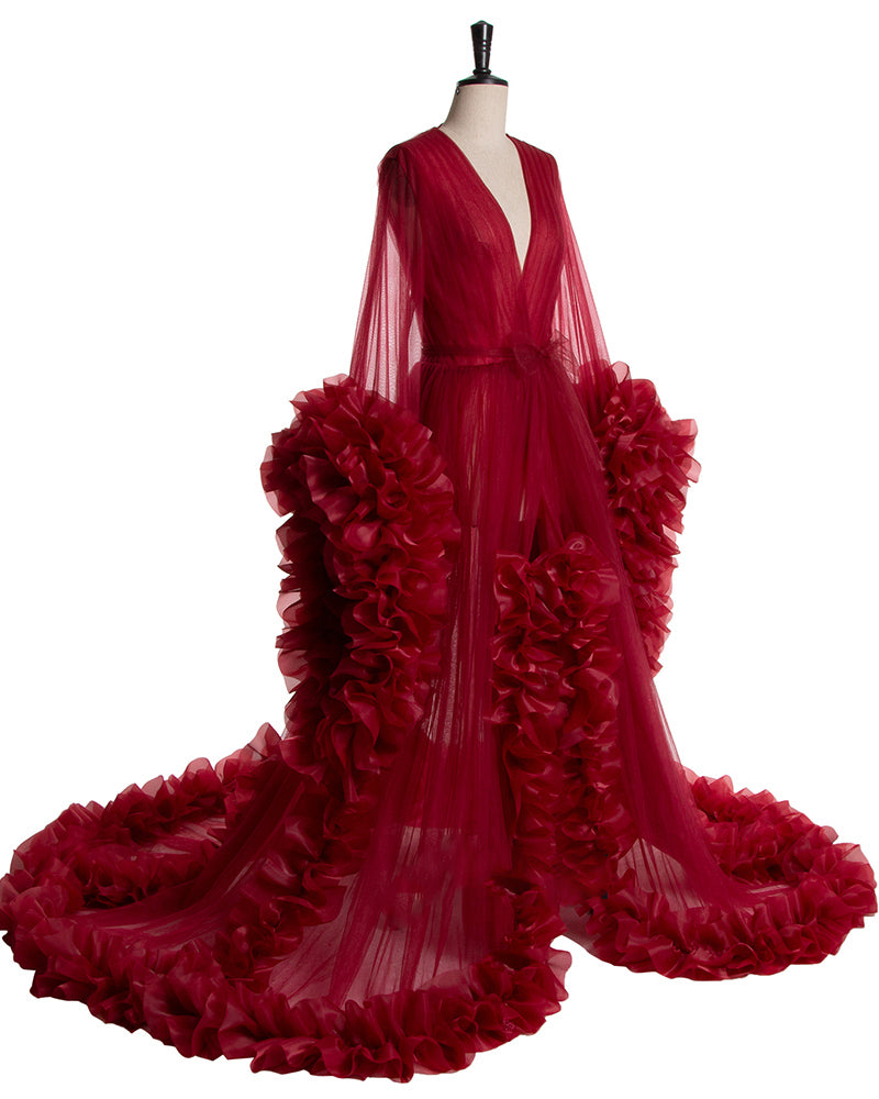 Maternity Photo Photoshoot Dress ,Custom Burgundy Robe Dresses ,Long Women V Neck Full Sleeves Ruched Organza Evening Dresses PL10109