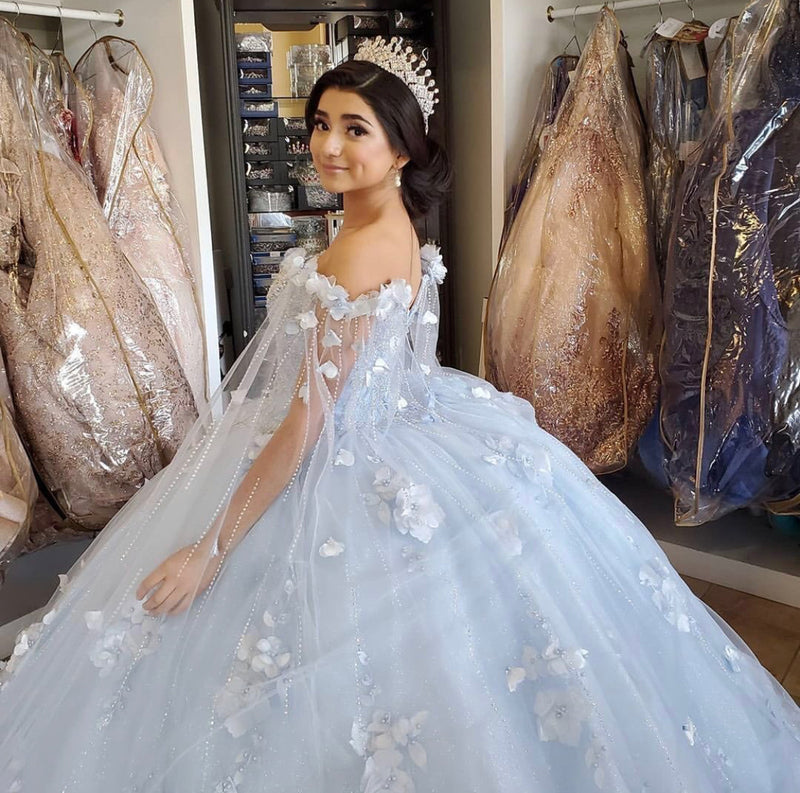 Light Blue Quinceanera Dress 2021 Off Shoulder Flowers Sequins Beads Puffy Party Princess Sweet 16 Gown Vestidos De 15 Añosvestidos de quinceañera con flores LP10205