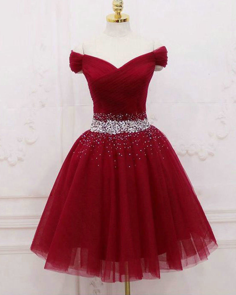 Wine Red Tulle Off Shoulder Short Prom Dress Girls 8th Grade Homecoming Dress SP520