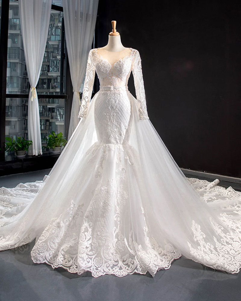 Amazing 2 Pieces Appliques Lace Long Sleeve Mermaid Wedding Dress 2021 With DetachableTrain Vestido De Noiva WD10909