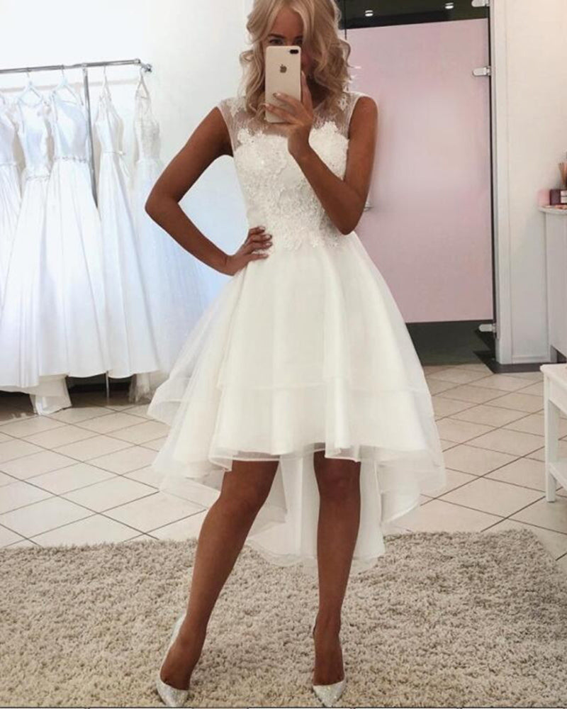 Lovely  High Low Beach Wedding Dress Ivory Lace Front Short Long Back Bridal Gown 2020 WD0522