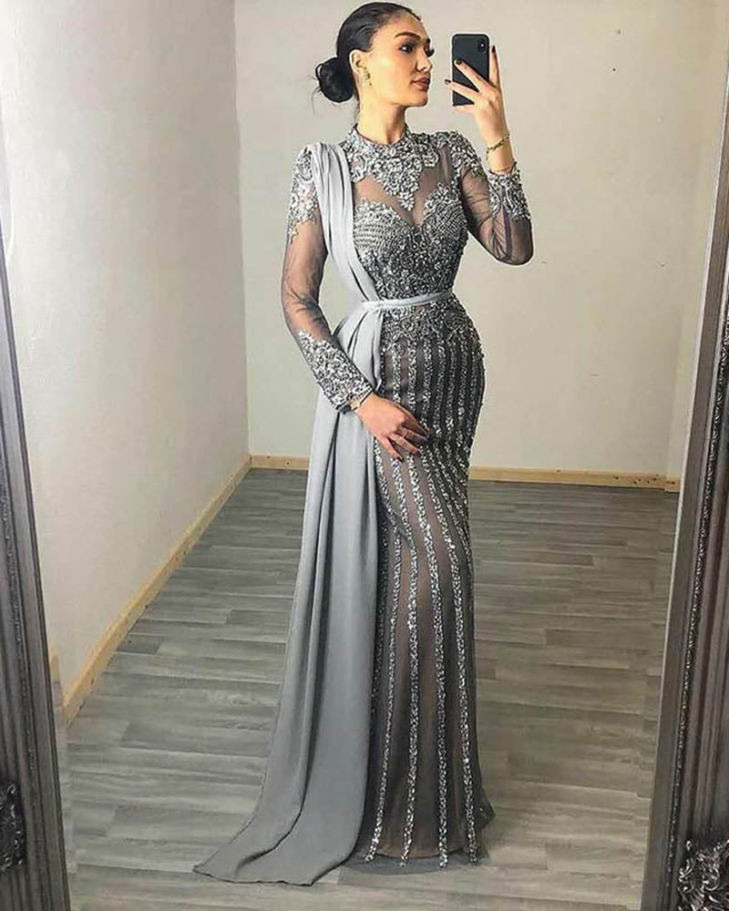 Muslim beading Evening Dresses High Neck Dubai Long Sleeve prom gown Mermaid Women Party Dress CB0903