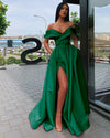 Elegant Off the Shoulder Slit Leg Satin Dark Emerald Green Formal Prom Dresses PL11015