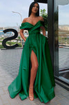 Elegant Off the Shoulder Slit Leg Satin Dark Emerald Green Formal Prom Dresses PL11015