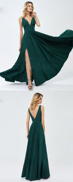 Elegant V Neck Teal Green Long Slit Wedding party Bridesmaid Dresses for Women PL10412