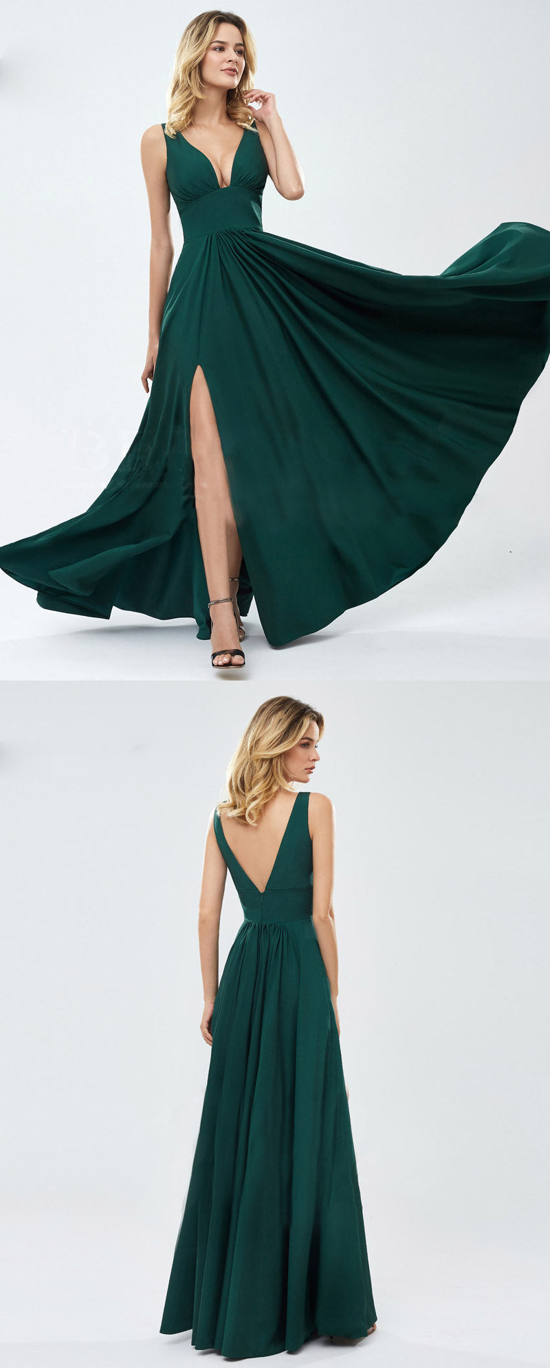 Elegant V Neck Teal Green Long Slit Wedding party Bridesmaid Dresses for Women PL10412