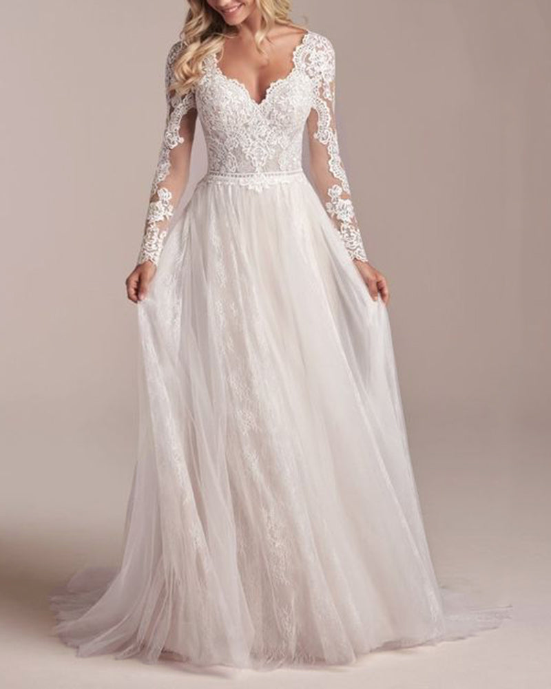 Vestido de novia vintage estilo bohemio con encaje, manga larga y espalda abierta, precio económico WD0112151 