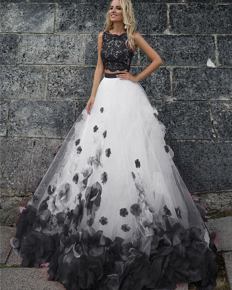Purple And White Tulle Flowers Princess  Crop Top Prom Dress Quinceanera Gown Sweet 16 dress Wedding Party Gown PL01217