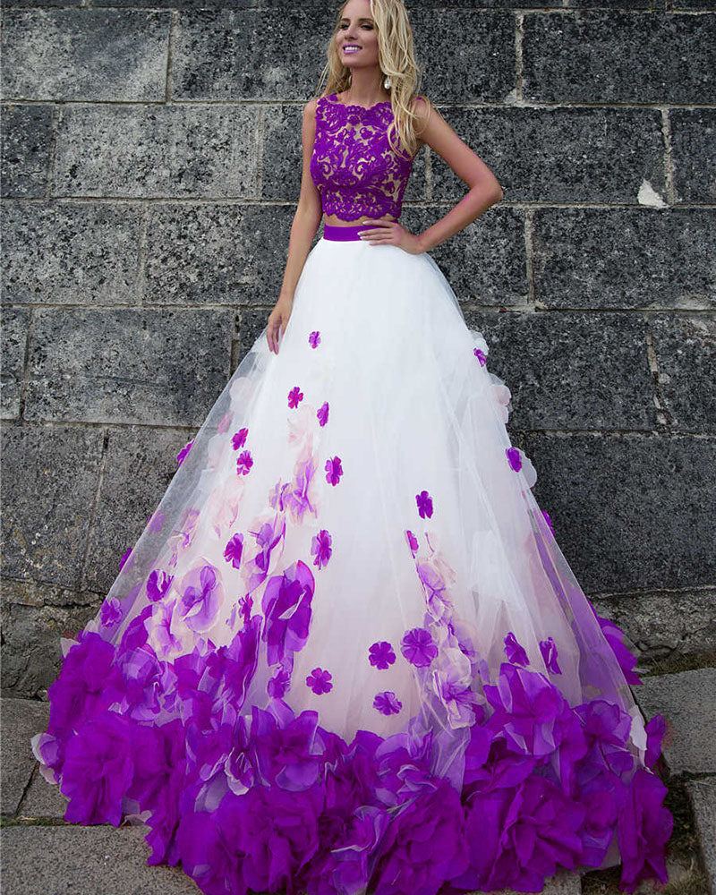 Purple And White Tulle Flowers Princess  Crop Top Prom Dress Quinceanera Gown Sweet 16 dress Wedding Party Gown PL01217