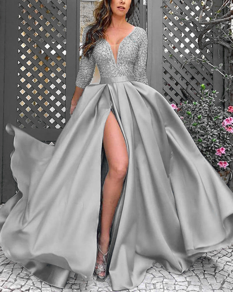 Lace Beading Appliqued Long Sleeves Turquoise Women Formal Evening Dress with sexy slit Vestido Longo PL10106