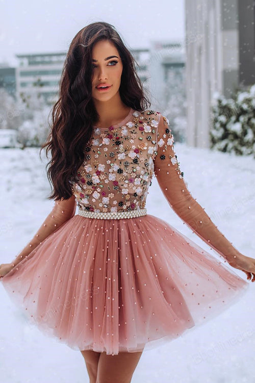 New Short Homecoming Dresses Pearls Beaded Handmade Flower Long Sleeves Prom Dresses Cocktail Dress