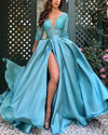 Lace Beading Appliqued Long Sleeves Turquoise Women Formal Evening Dress with sexy slit Vestido Longo PL10106