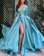 Lace Beading Appliqued Long Sleeves Turquoise Women Formal Evening Dress with sexy slit Vestido Longo PL10106