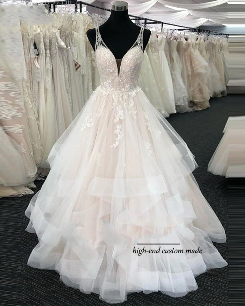 Nuevo estilo precioso escote en V marfil/ruborizado vestido de novia para mujer con encaje WD0917 