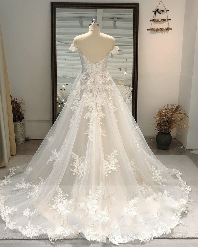 Off the Shoulder Vintage Lace Wedding Dresses  White/Ivory A Line Bridal Gown WD10429