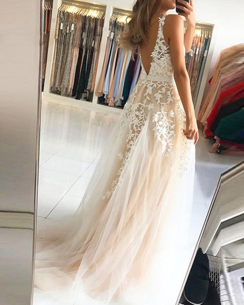 Beautiful A Line Tule Sexy V neck Champagne/Ivory Lace Long Prom Dress with Beading Belt PL0614