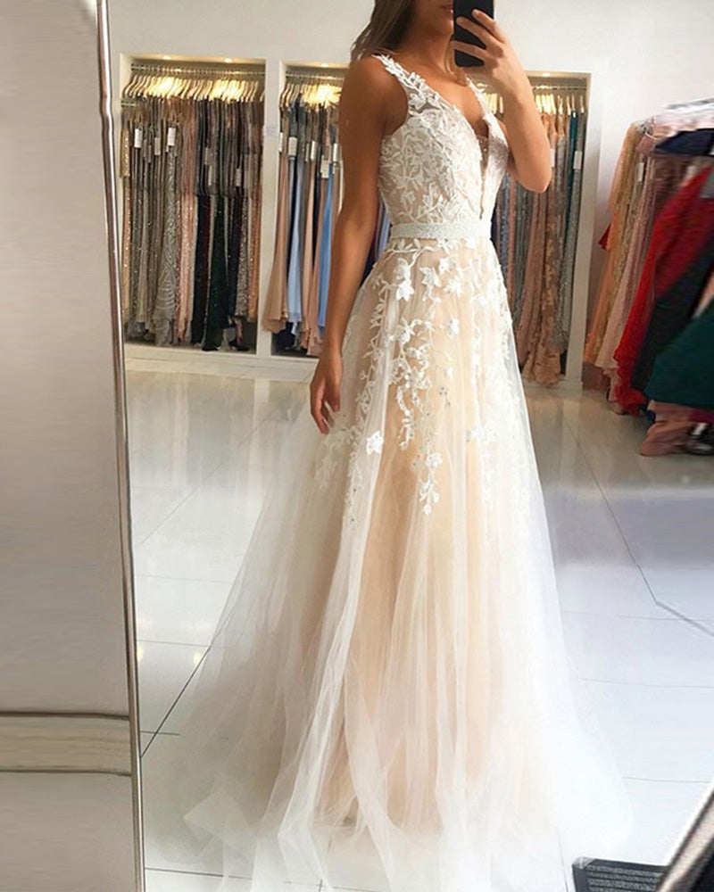 Beautiful A Line Tule Sexy V neck Champagne/Ivory Lace Long Prom Dress with Beading Belt PL0614