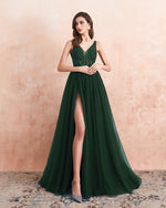Sexy High Slit Leg Tulle and Beading Dark Green Formal Long Prom Dress 2022 Vestidos PL01116
