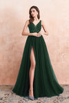 Sexy High Slit Leg Tulle and Beading Dark Green Formal Long Prom Dress 2022 Vestidos PL01116
